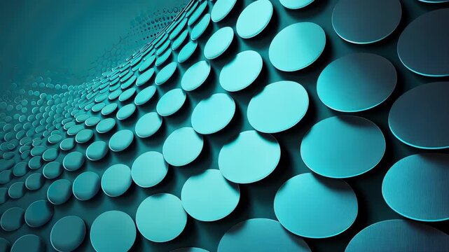 Abstract Geometric Pattern: A visually compelling abstract arrangement of meticulously placed circular elements, showcasing a gradient of cool turquoise hues, and an interplay of light and shadow.