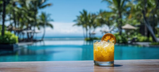 The glass of tropical orange cocktail on a poolside table with ocean view