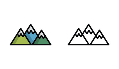Colorful Mountain Landscape Icons with Black Outline and Monochrome Versions, Nature and Outdoors Theme
