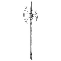 Halberd polearm with fine vintage illustration, hand-drawn style