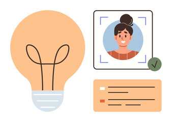 Profile photo inside a scanning frame with checklist and large lightbulb. Ideal for verification, innovation, creativity, security, problem-solving, user authentication, online identity. Simple flat