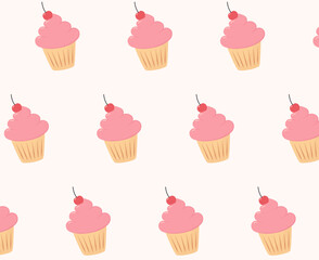 Seamless pattern with cupcakes in pink cream frosting and cherries in flat vector style, pastel color palette, smooth texture, ideal for wrapping paper, textile, wallpaper, and packaging design