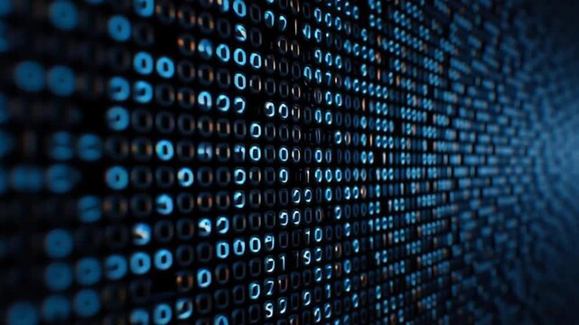 Digital binary code wall with glowing blue numbers close up, creating futuristic digital technology atmosphere with data, number, and glowing light effects for advanced technology visualization