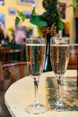 Pouring and tasting of dry sparkling wine brut, grand reserve, champagne in Ay-Champagne wine making village in Vallee de la Marne, , Champagne region, France