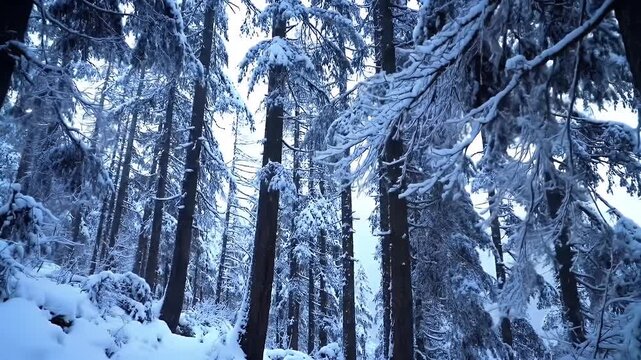 A low-angle view of a dense winter forest with tall pine trees heavily covered in fresh white snow, creating a serene and frosty natural landscape.