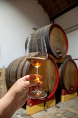 Visit of wine cellar with old large oak barrels, glass of fortified dry or sweet tasty marsala wine from barrels in Marsala, Sicily, Italy