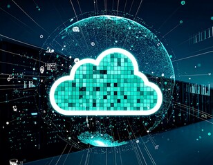 Digital cloud technology over server racks