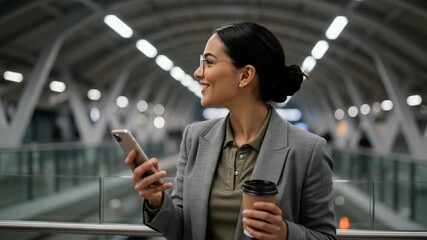 Smiling businesswoman in glasses holding a coffee cup and looking at her smartphone while standing in a modern train station - Powered by Adobe