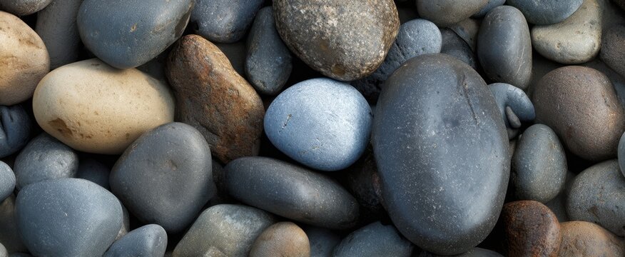 The Pebbles Smooth River Stones Closeup Texture on Wet Coastal Beach Shoreline - Powered by Adobe