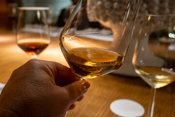 Visit of wine cellar with old large oak barrels, tasting of fortified dry or sweet tasty marsala wine in Marsala, Sicily, Italy