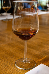 Visit of wine cellar with old large oak barrels, tasting of fortified dry or sweet tasty marsala wine in Marsala, Sicily, Italy