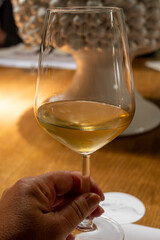 Visit of wine cellar with old large oak barrels, tasting of fortified dry or sweet tasty marsala wine in Marsala, Sicily, Italy