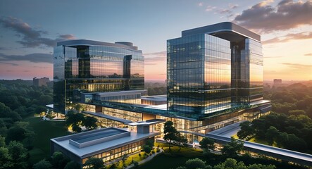 Fototapeta premium Aerial view of modern glass office buildings at sunset surrounded by green trees and sky