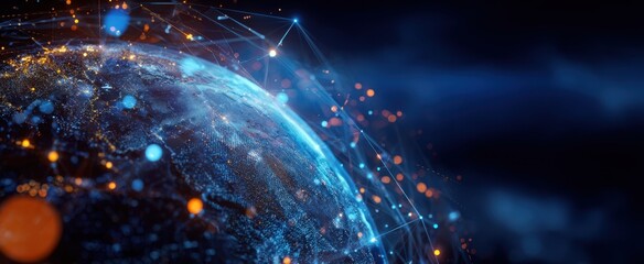The Earth as a glowing digital network with interconnected nodes and streaming data lights