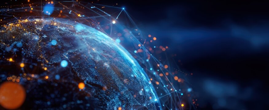 The Earth as a glowing digital network with interconnected nodes and streaming data lights