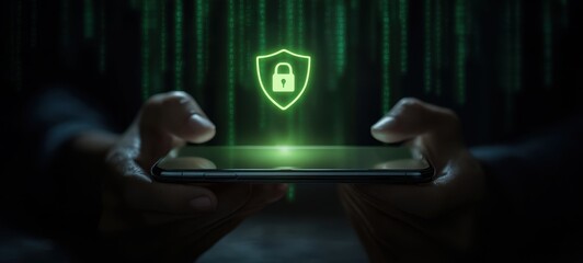 The Smartphone Displaying a Holographic Green Shield Lock Representing Mobile Cybersecurity and Encryption