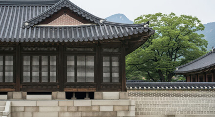 Fototapeta premium Traditional korean palace architecture featuring dark wood and tiled roofs amidst greenery