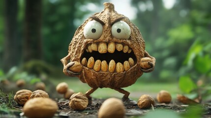 Fototapeta premium Cartoon Nut Character with Angry Expression Standing in Forest