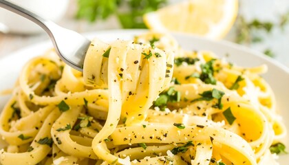 Forkful of pasta tossed in lemon sauce