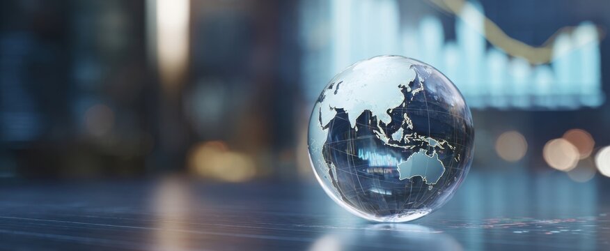 The Glass Globe Reflecting Global Finance and Digital Stock Market Data Visualization