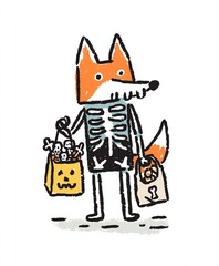 Obraz premium A whimsical fox, dressed as a skeleton, joyfully carries bags brimming with Halloween treats. A delightful autumnal scene.