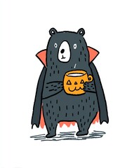 Adorable Halloween Bear in Vampire Costume Sipping from a Festive Pumpkin Mug