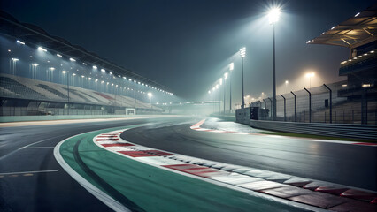 Fototapeta premium An empty Formula 1 racetrack at night, bathed in the intense glow of towering floodlights that cut through the darkness with dramatic beams