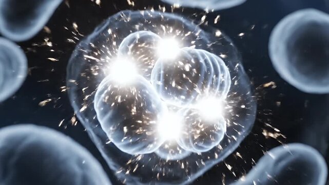 Scientific 3D zoom into a human cell where glowing mitochondria emit bright sparks of energy, visualizing high-powered biohacking at the source