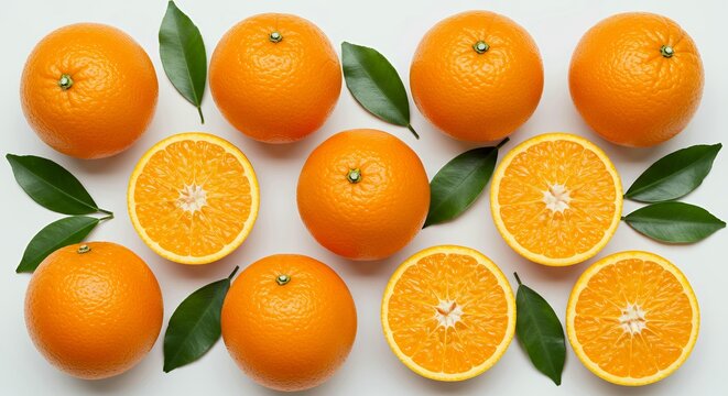Ripe oranges whole and sliced with green citrus leaves on white background, fresh fruit arrangement showing juicy interior for healthy lifestyle imagery
