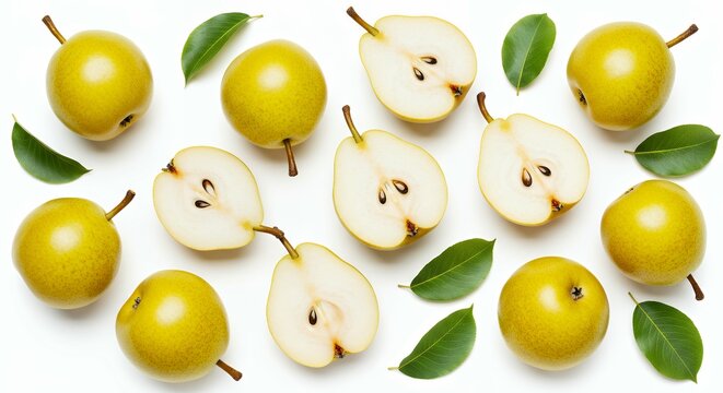 Fresh asian pears with green leaves on white background, whole golden fruits and cross-sections displaying white flesh