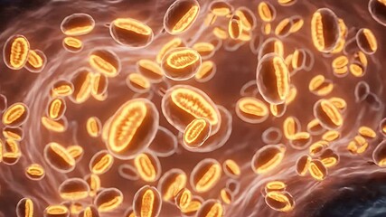 Slow orbital 3D view of glowing mitochondria multiplying inside a semi-transparent cell, visualizing rejuvenating biogenesis at the source