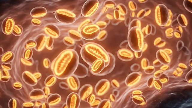 Slow orbital 3D view of glowing mitochondria multiplying inside a semi-transparent cell, visualizing rejuvenating biogenesis at the source