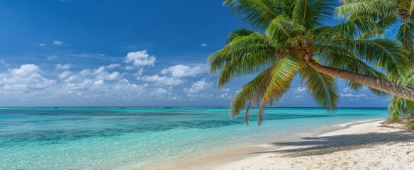 Obraz premium The Palm Tree Lined Tropical Beach with Turquoise Water and White Sand