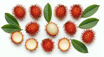 Fresh rambutan fruits with vibrant red spiky shells and exposed white flesh arranged with green leaves on white background