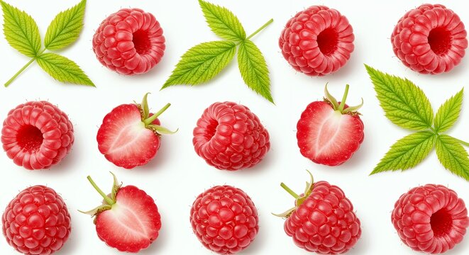 Fresh raspberries and sliced strawberries with green leaves arranged on white background showing texture and seeds - Powered by Adobe