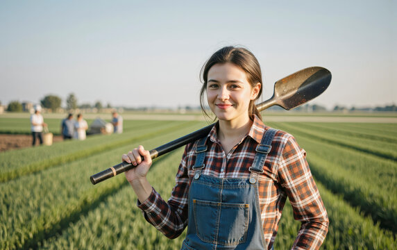 Mujer agricultora con pala al hombro sonriendo en campo de cultivo lista para trabajar en la cosecha
