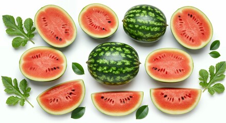 Fresh watermelon whole fruits and sliced halves with green leaves arranged on white background, summer melon flat lay food photography