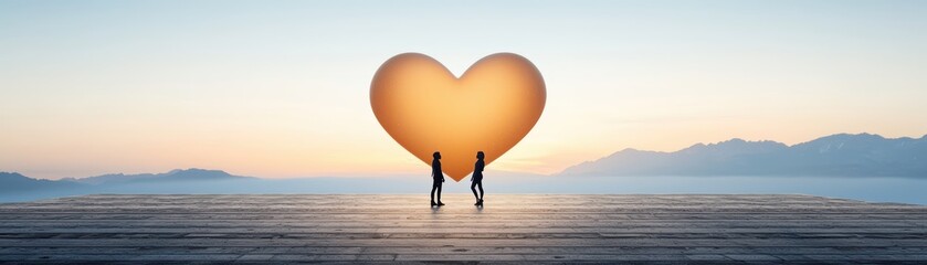 Romantic couple silhouette with massive heart sculpture at sunset in serene landscape