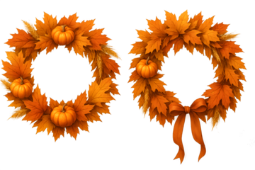 Two wreaths made of leaves and pumpkins