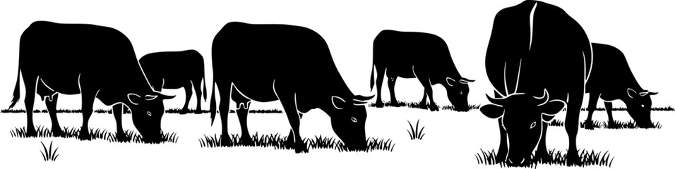 Black Silhouette Cows Grazing in Grass, Farm Animal Vector Illustration