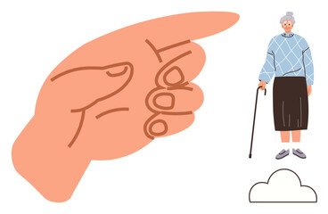 Giant hand gesture pointing at elderly woman standing with cane under a cloud. Ideal for aging, guidance, community support, respect, social topics, care, diversity. Simple flat metaphor