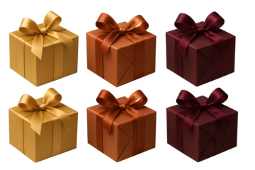 A set of six boxes with different colored ribbons tied around them