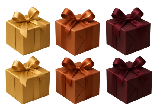 A set of six boxes with different colored ribbons tied around them