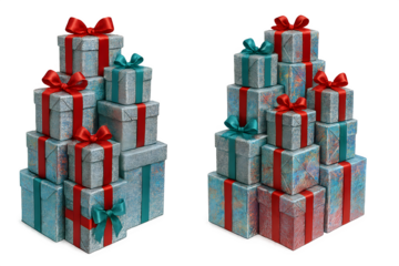 Two stacks of presents with red bows on them
