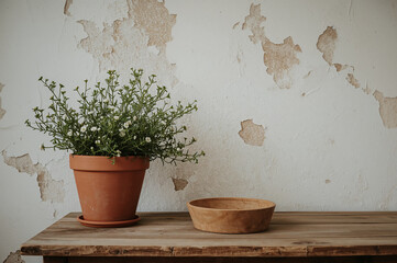 Rustic still life with terracotta pot green foliage white flowers wooden bowl and aged textured wall
