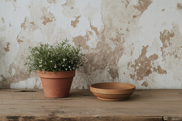 Rustic still life with terracotta pot green foliage white flowers wooden bowl and aged textured wall