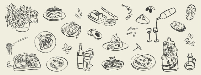 Italian food dishes and charcuterie in hand drawn whimsical style. Sketch chalk doodles of breakfast and dinner meals. Crayon drawing for menus and invitations. La dolce vita vector illustration