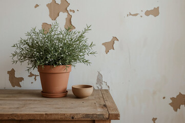 Rustic still life with terracotta pot green foliage white flowers wooden bowl and aged textured wall