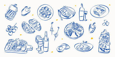 Italian food dishes and charcuterie in hand drawn whimsical style. Sketch chalk doodles of breakfast and dinner meals. Crayon drawing for menus and invitations. La dolce vita vector illustration