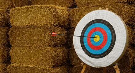 Target with arrow hitting bullseye in front of hay bales  